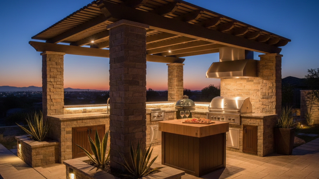 A visually demonstrates layered lighting: overhead ambient lights casting a soft glow