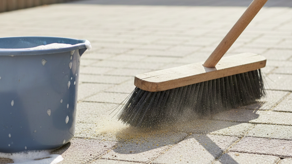 Close-to-mid shot of patio pavers during gentle cleaning.
