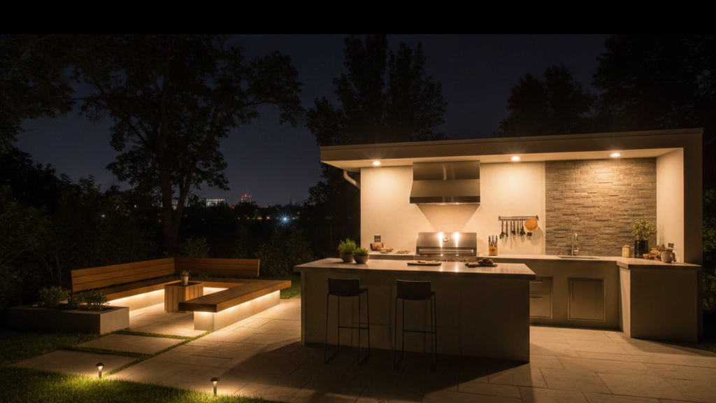 wide-angle backyard outdoor kitchen at night