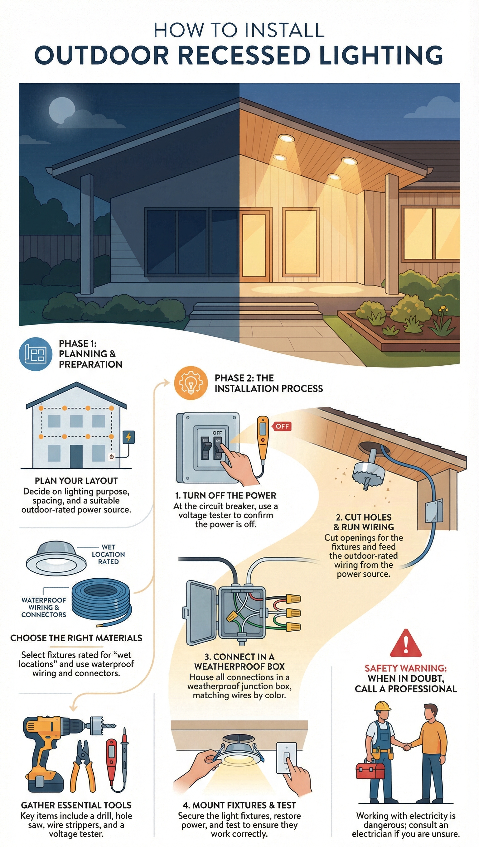 Step-by-step guide for installing outdoor recessed patio lighting, from planning to final setup.