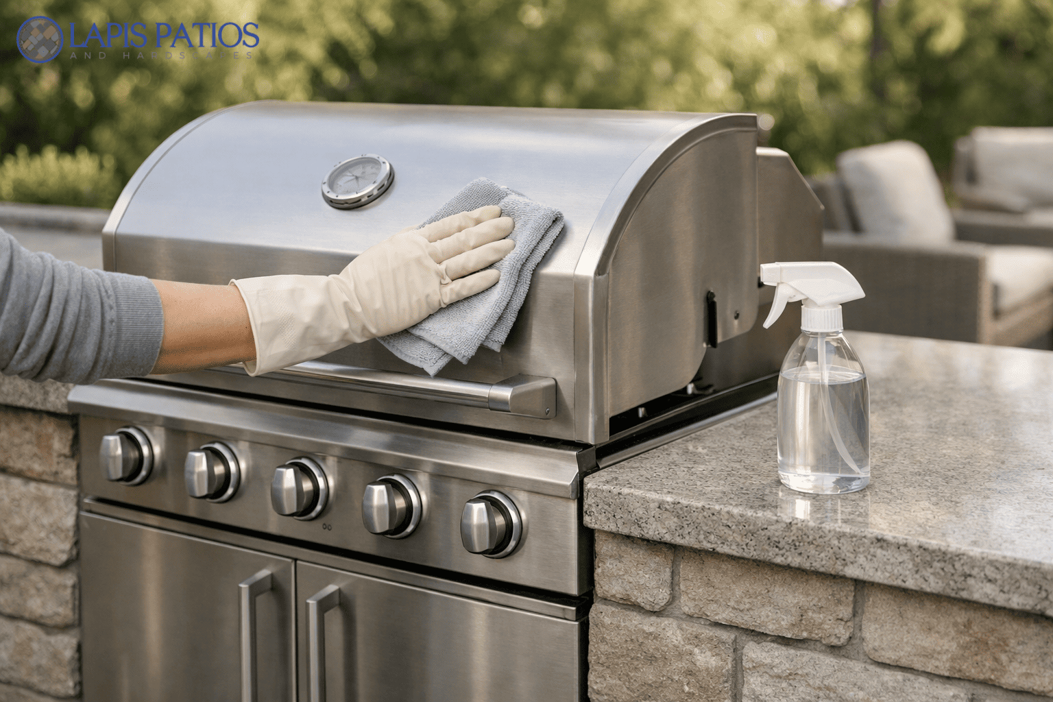 Hands cleaning an outdoor kitchen appliance with a cloth and cleaning solution, demonstrating proper maintenance for a long-lasting outdoor kitchen.