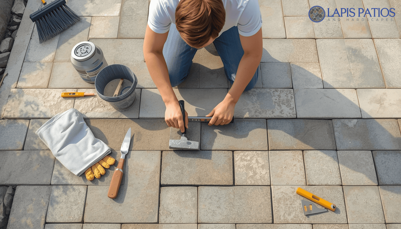 An individual repairing a tiled patio, demonstrating the skills required for successful home projects.