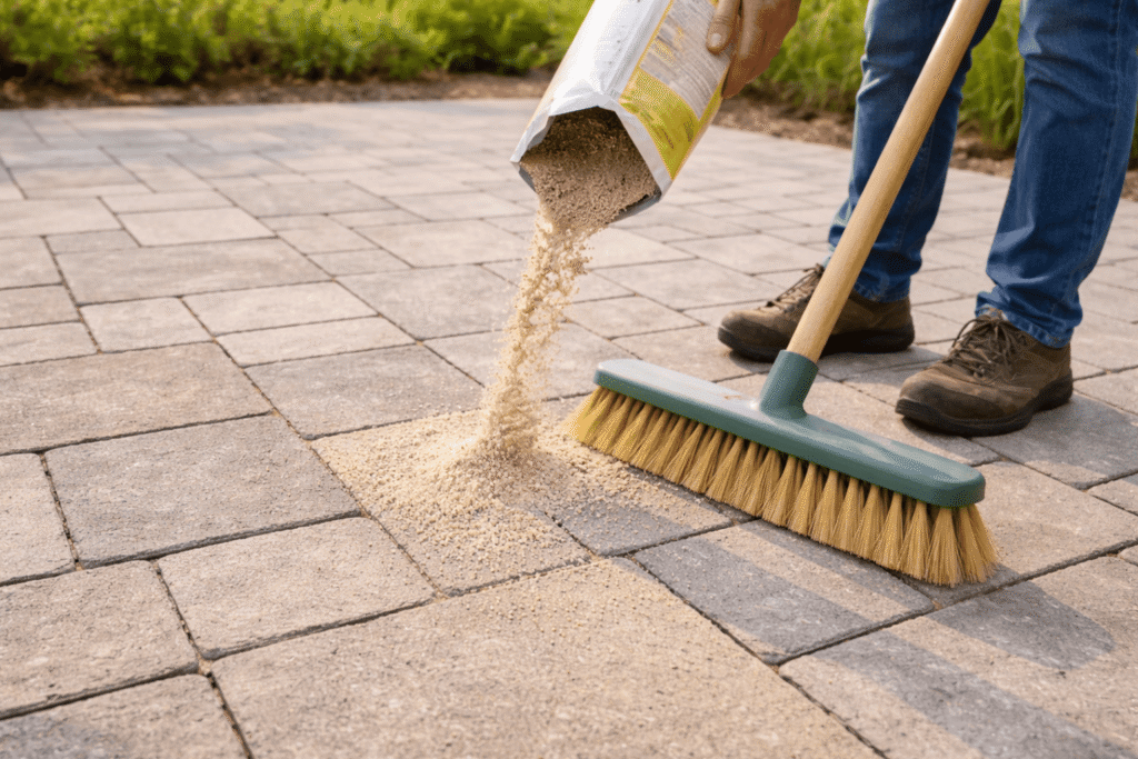 Spreading sand over paver stones to enhance the appearance and traction of the outdoor surface.