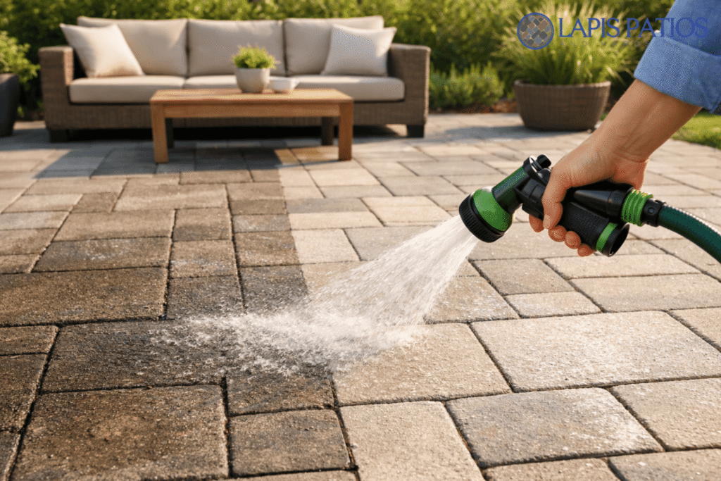 Effective patio cleaning technique using a garden hose to keep pavers looking their best.