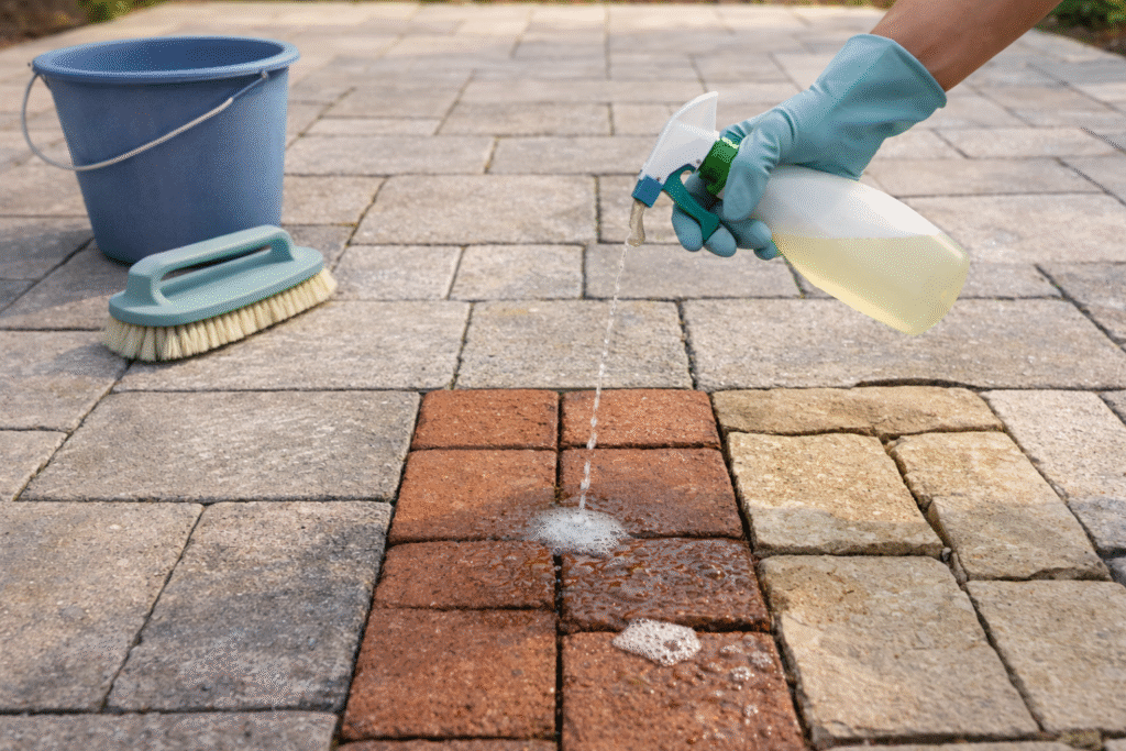 Spraying a cleaning solution onto paver stones to maintain an attractive outdoor living space.