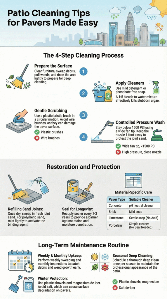 Informative infographic outlining a 4-step cleaning process and long-term maintenance tips for pavers.