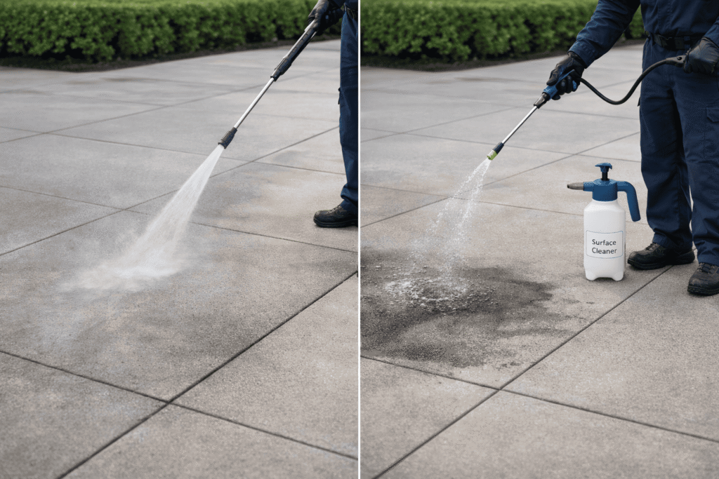 A worker using a high-pressure sprayer and surface cleaner to efficiently wash a concrete patio, demonstrating proper technique.