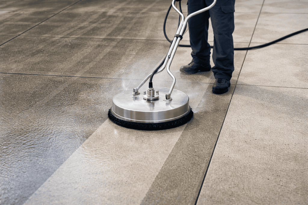 An expert technician meticulously operating a high-powered pressure washer to efficiently clean a concrete patio area.