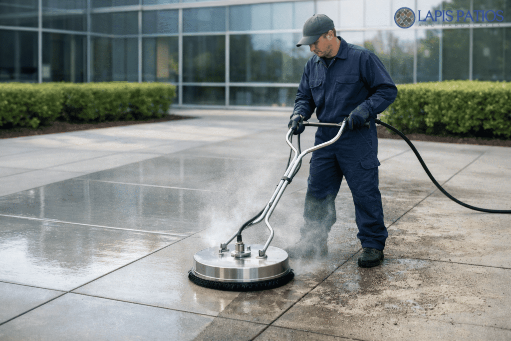 A worker diligently cleaning a commercial patio with a high-powered pressure washer, ensuring a spotless surface.
