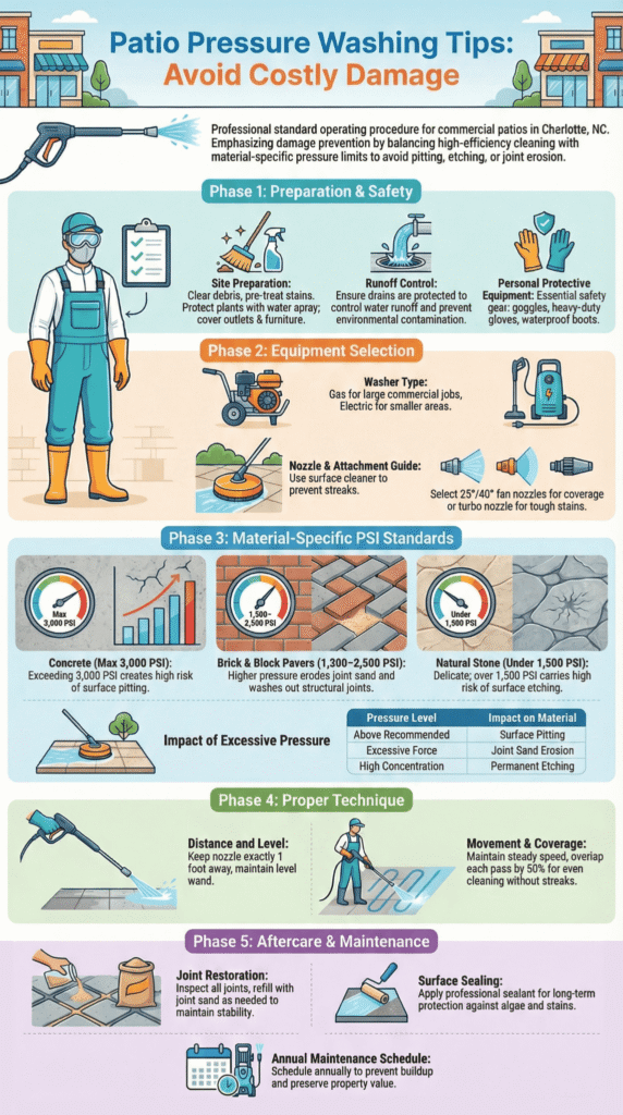 An informative infographic outlining best practices to avoid costly damage when pressure washing commercial patios.
