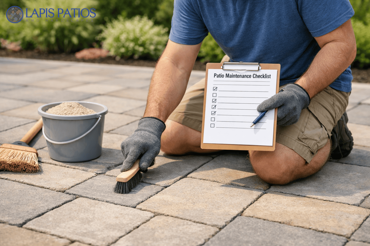 A worker in casual attire holding a clipboard with a checklist, surrounded by patio maintenance tools and materials.