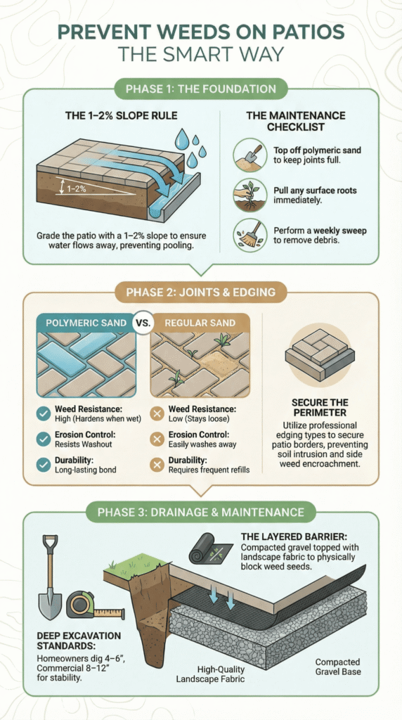 Detailed steps on preventing weeds on patios, from foundation preparation to drainage and maintenance for a lasting, weed-free outdoor space.