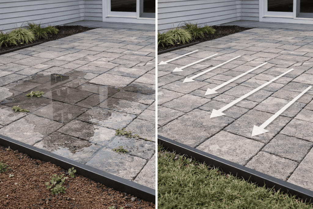 Strategically designed paving stones with drainage channels and edge restraints to prevent weed growth and maintain a tidy outdoor space.