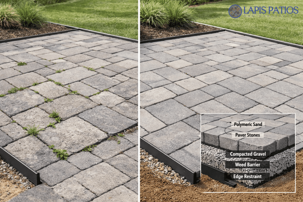 Paving stones with polymeric sand, gravel, and edge restraints to create a weed-free outdoor oasis.