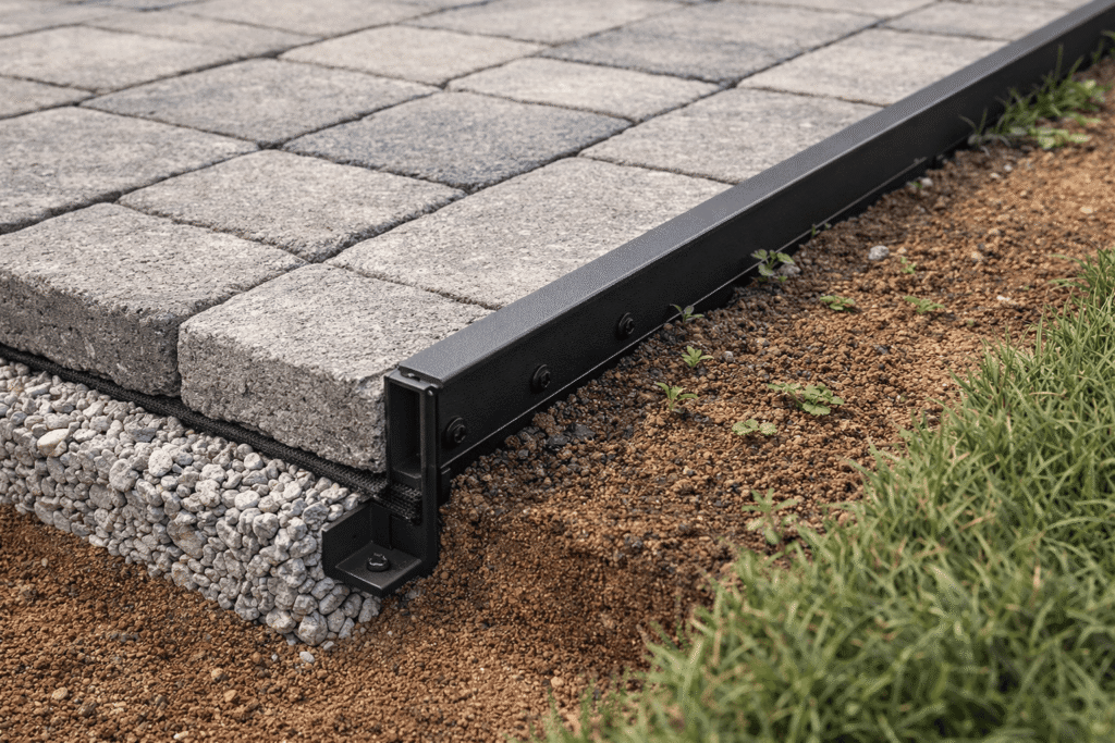 Sleek edge restraints and strategic layering of paving stones, gravel, and sand create a weed-resistant patio surface.