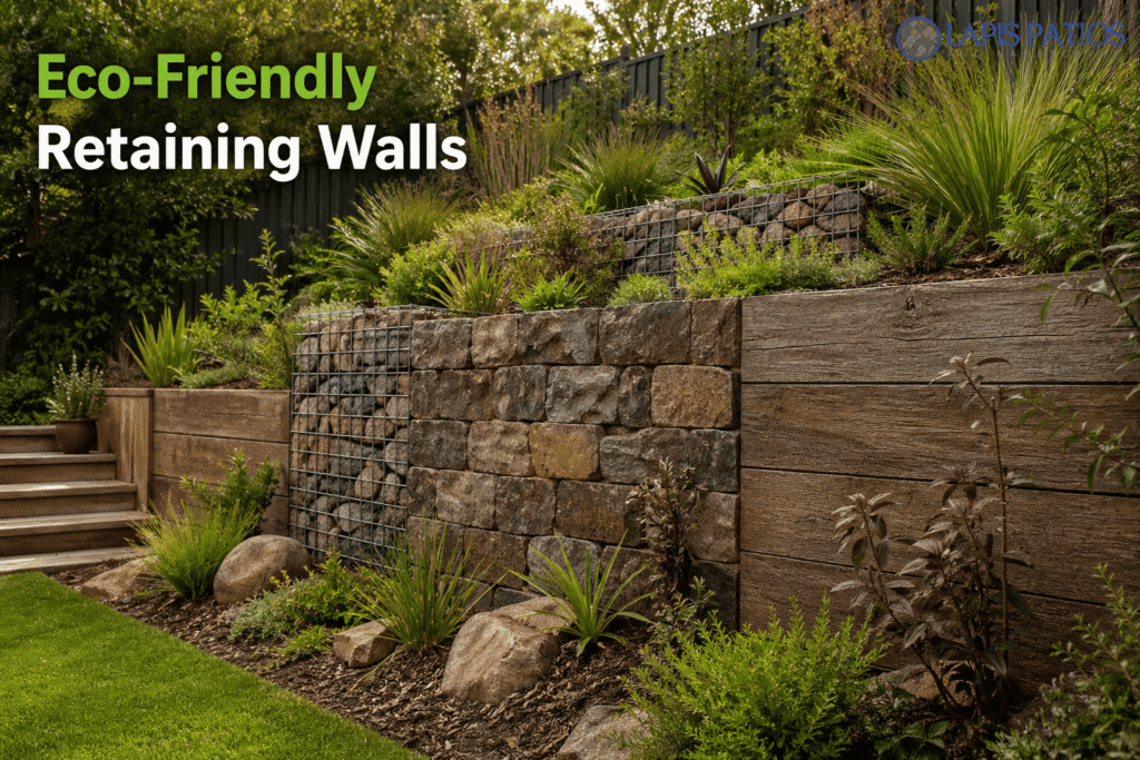 Layered garden landscape featuring eco-friendly retaining wall materials including gabion, stone blocks, and timber sleepers. 