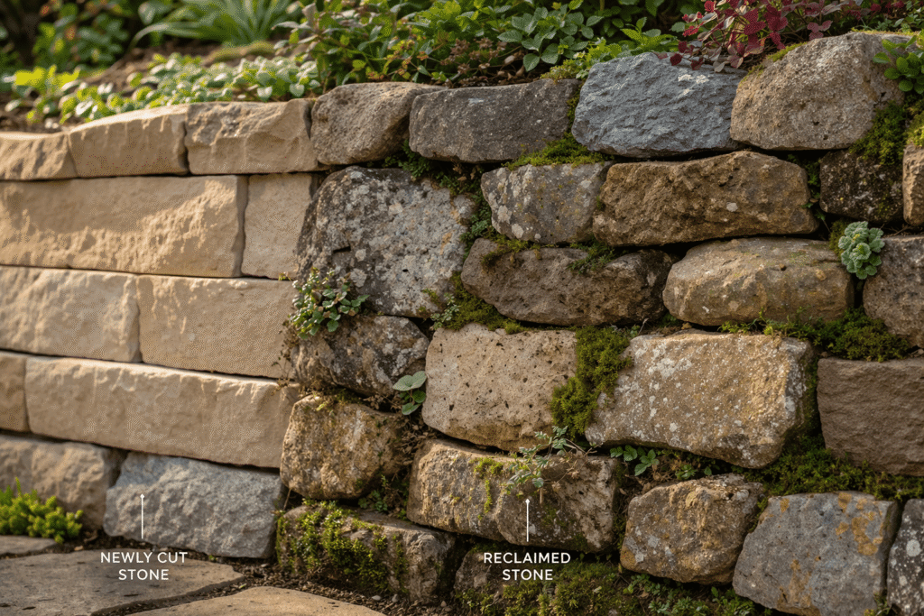 Close-up comparison of newly cut stone versus reclaimed stone used as eco-friendly retaining wall materials in a garden.