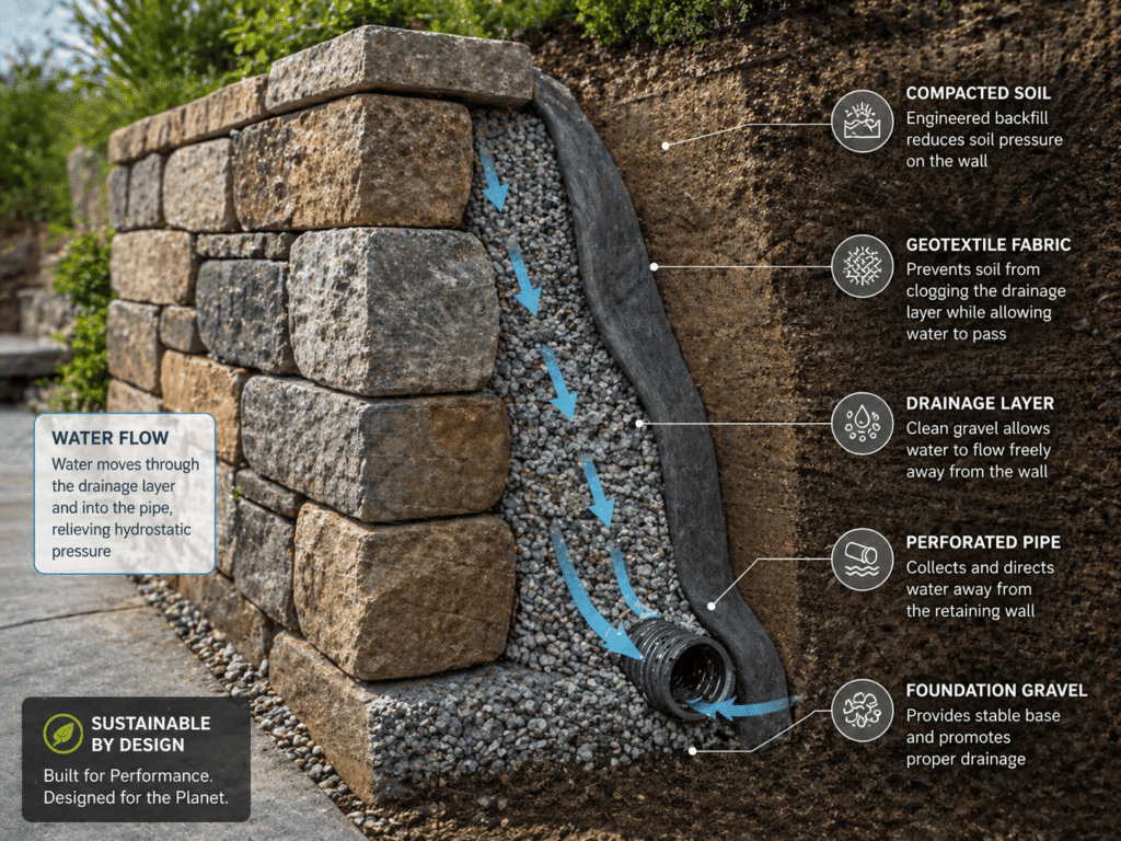 Cross-section diagram showing drainage layers behind eco-friendly retaining wall materials with gravel and perforated pipe.