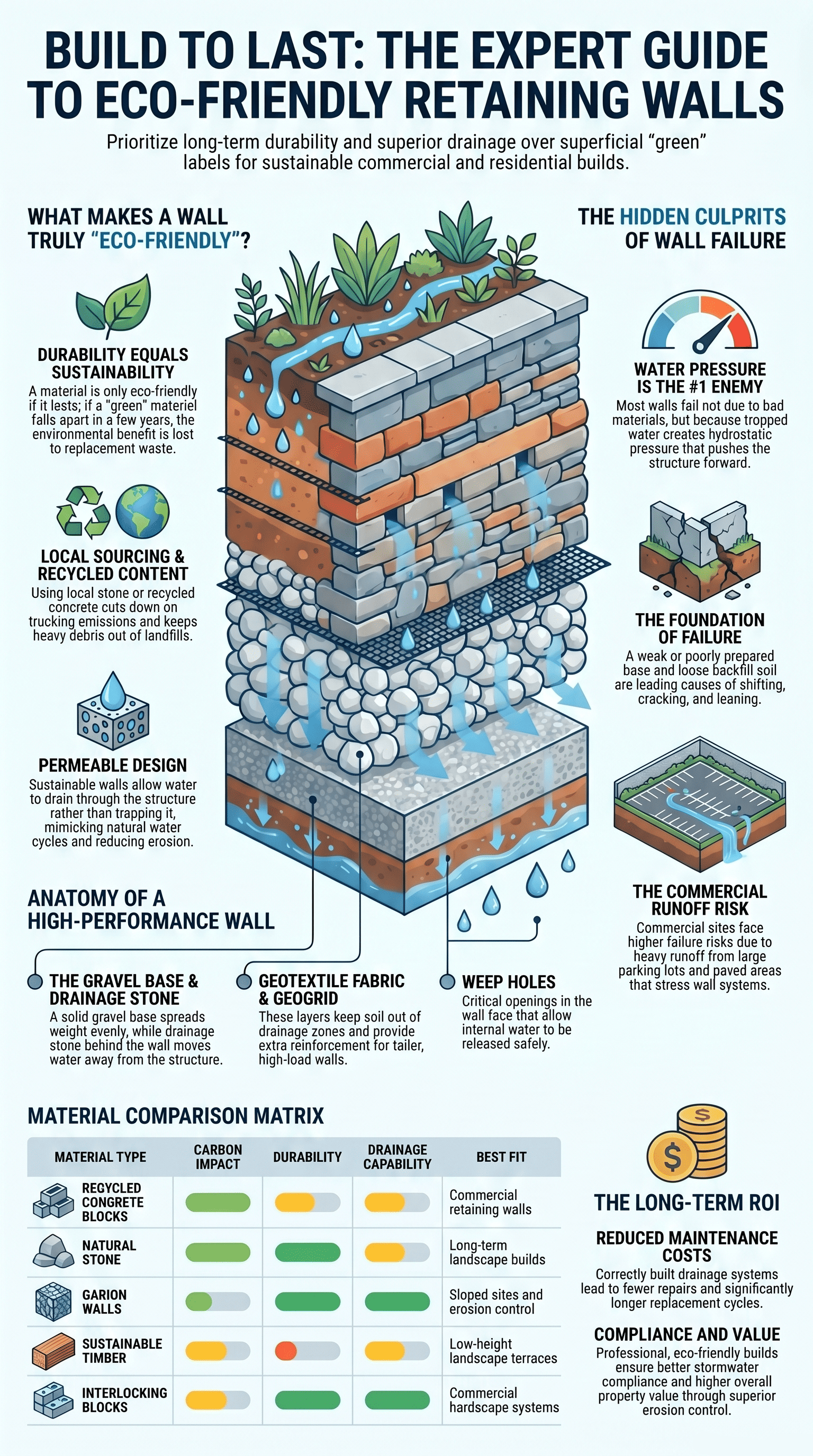 Infographic guide to eco-friendly retaining wall materials comparing durability, carbon impact, and drainage performance.
