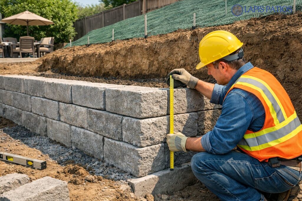 A construction worker measuring and inspecting a newly installed retaining wall, demonstrating the attention to detail required for effective retaining wall construction.