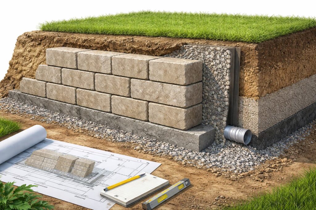 A partially completed retaining wall, showcasing the layered structure and integration of the wall with the surrounding landscape and drainage system.