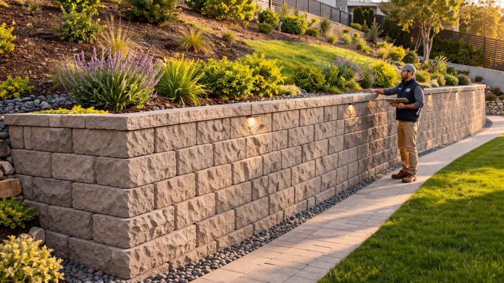 A retaining wall being built, with a construction worker carefully placing and aligning the concrete blocks to create a sturdy and visually appealing structure.