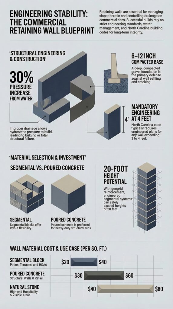 An infographic detailing the engineering principles and construction guidelines for commercial retaining walls, emphasizing the importance of proper design and materials.