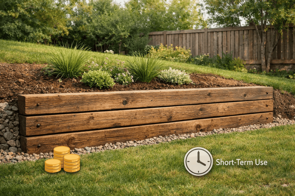  Best materials for retaining walls include timber, shown as a wooden raised garden bed with short-term durability. 