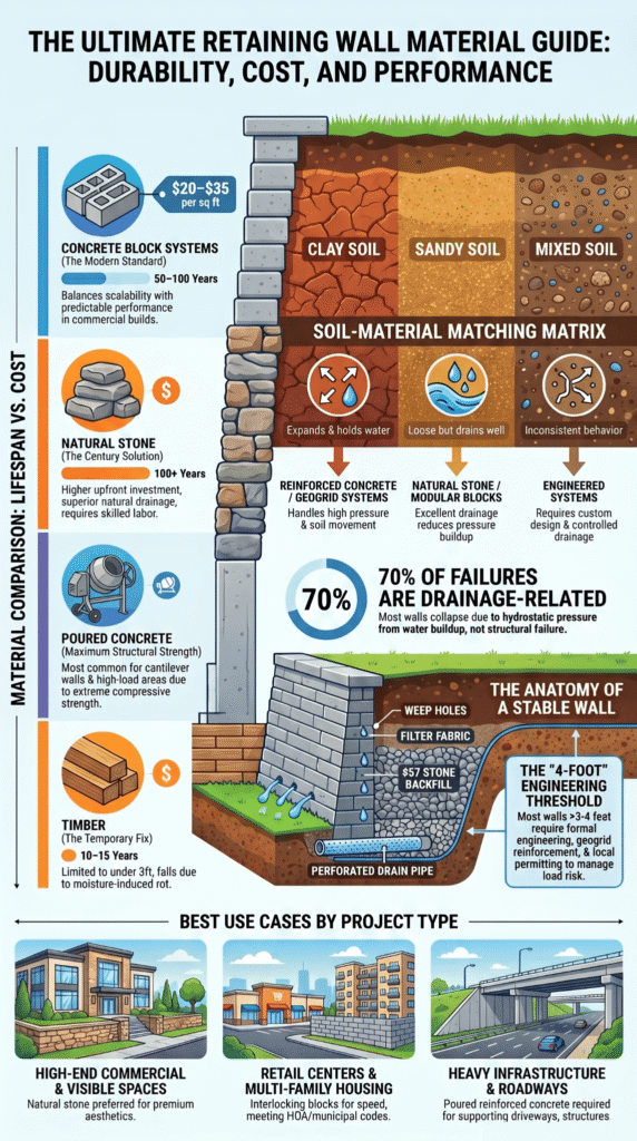 Best materials for retaining walls infographic comparing lifespan, cost, soil matching, and drainage anatomy. 