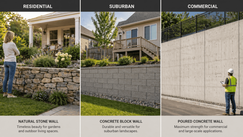 Most durable retaining wall materials by setting: natural stone, concrete block, and poured concrete walls 
