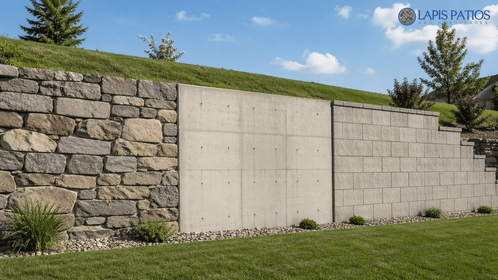 Three most durable retaining wall materials side by side: natural stone, poured concrete, and concrete block 