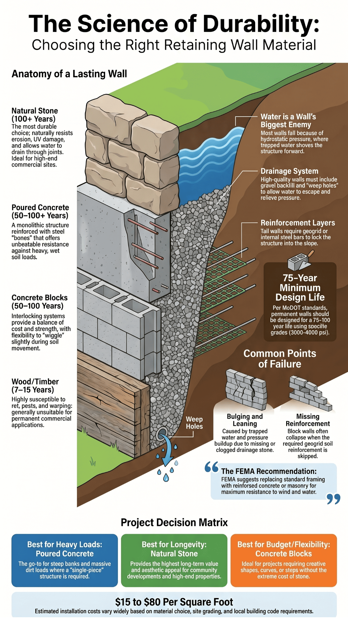 Infographic cross-section comparing most durable retaining wall materials by lifespan, drainage, and failure points 