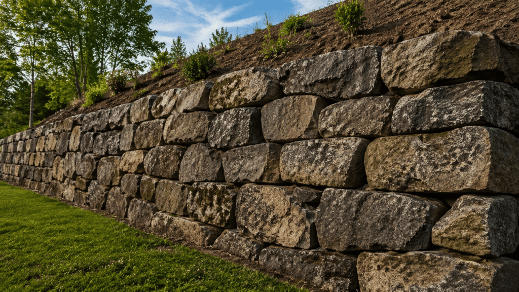 Large granite boulder wall showcasing most durable retaining wall materials stacked on a landscaped slope 