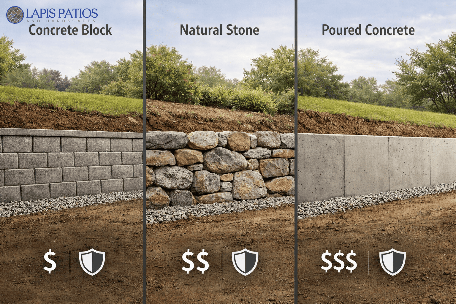 Best materials for retaining walls compared: concrete block, natural stone, and poured concrete side by side. 