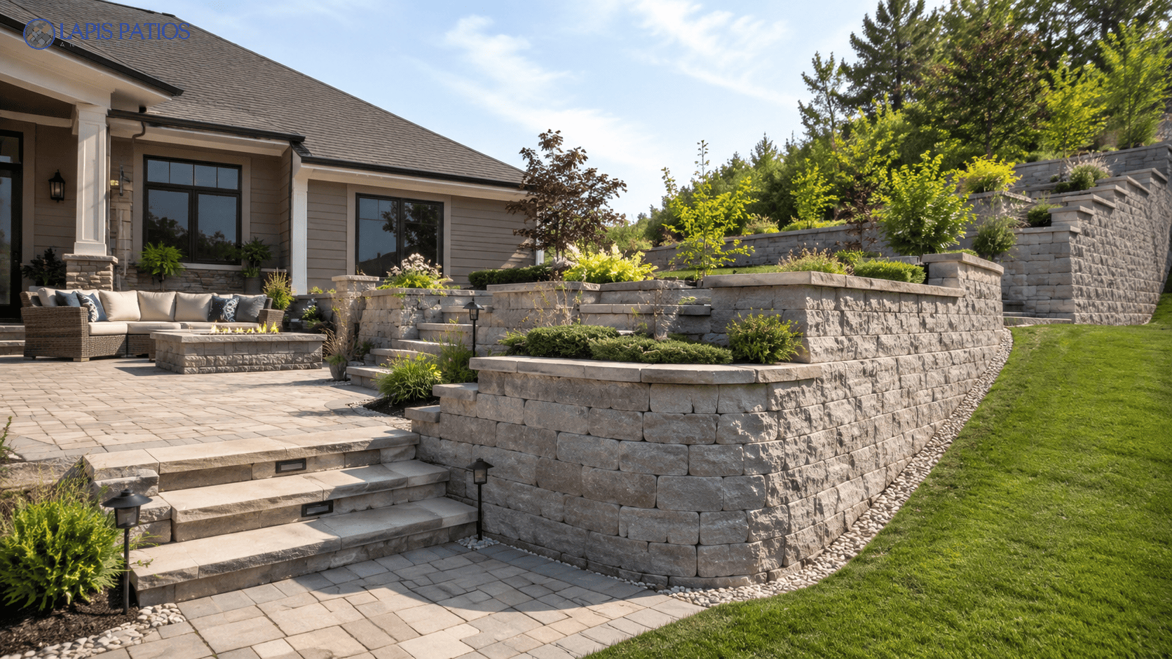 Tiered stone patio showcasing retaining wall height and design considerations for residential outdoor living spaces 