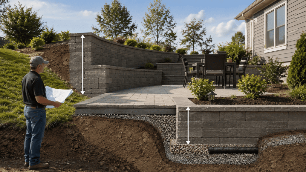 Contractor assessing retaining wall height and design considerations with cross-section showing gravel drainage base 