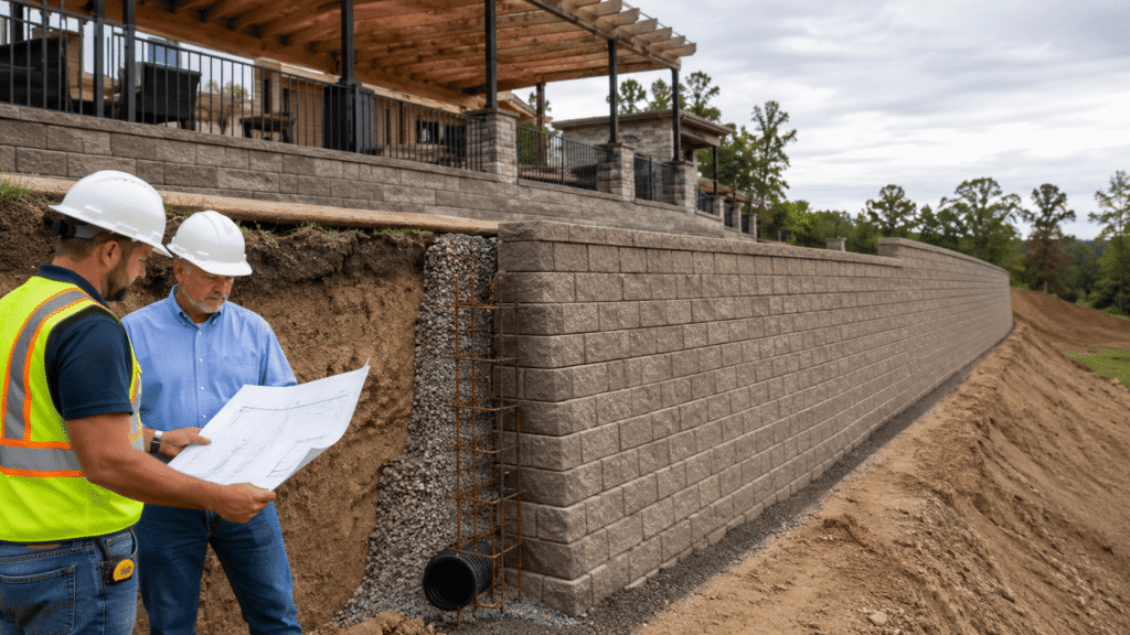 Engineers reviewing retaining wall height and design considerations during construction with visible drainage layers 