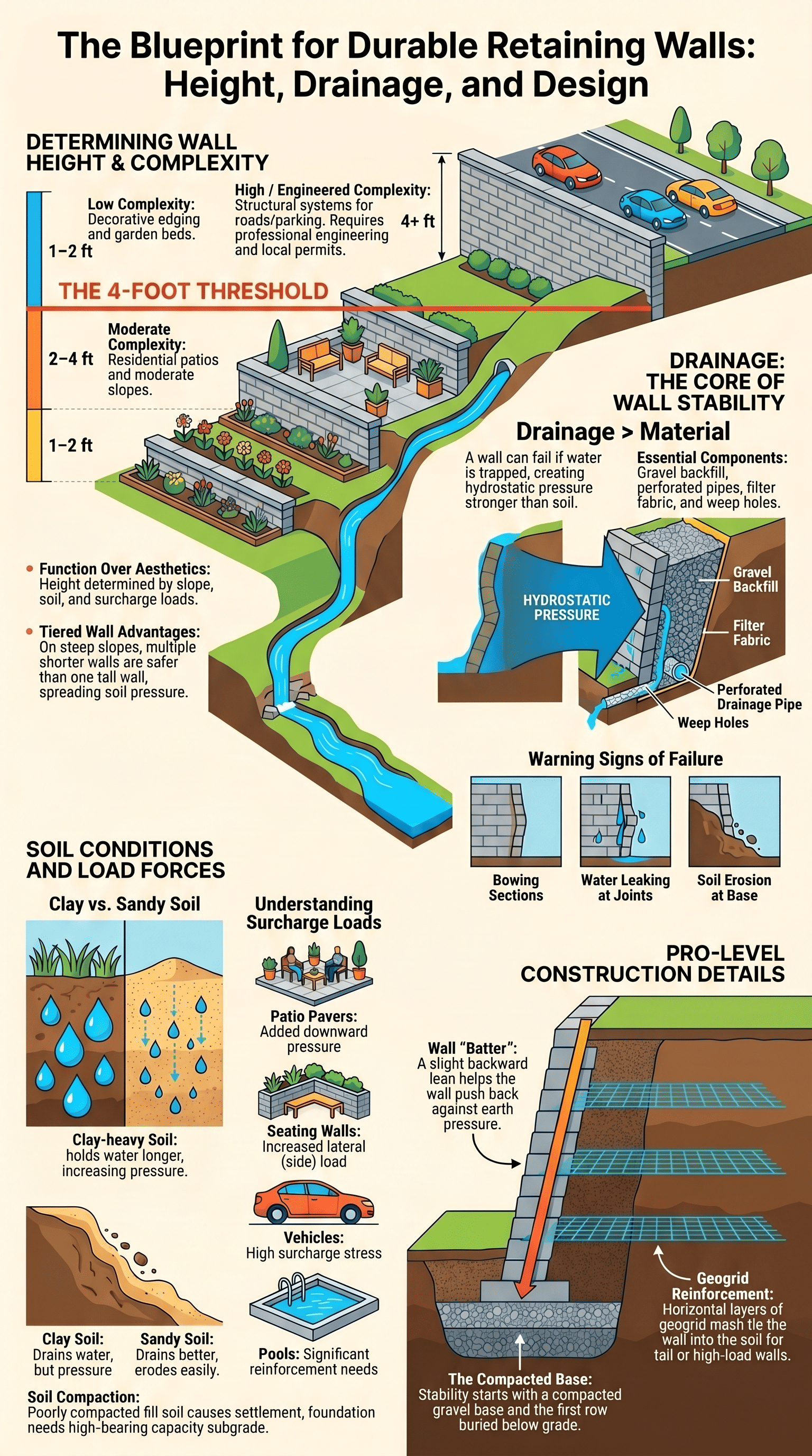 Blueprint diagram illustrating retaining wall height and design considerations, including drainage and soil conditions 