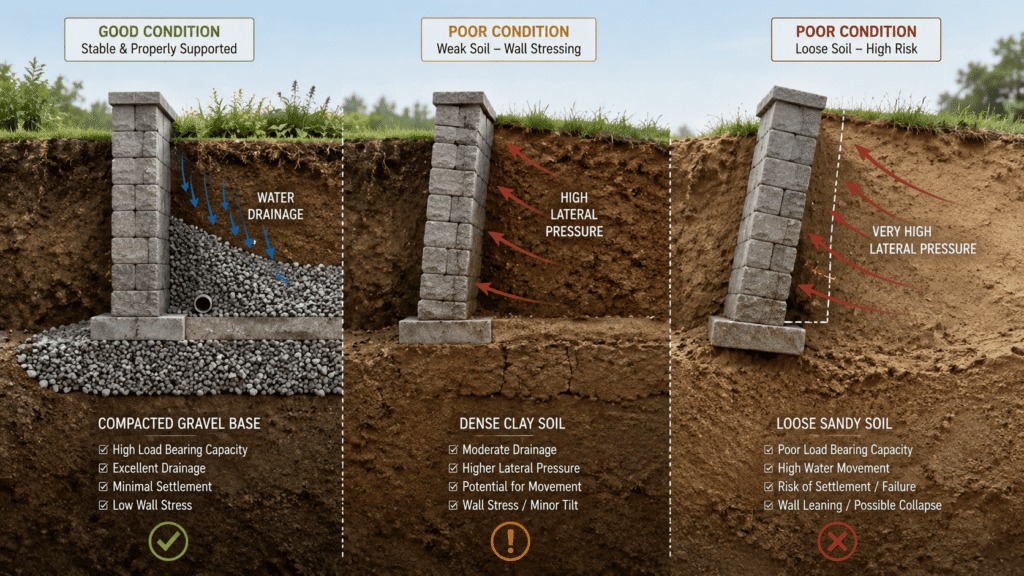 Soil condition diagrams showing how compacted gravel, clay, and sandy soils affect materials for gravity retaining walls stability. 