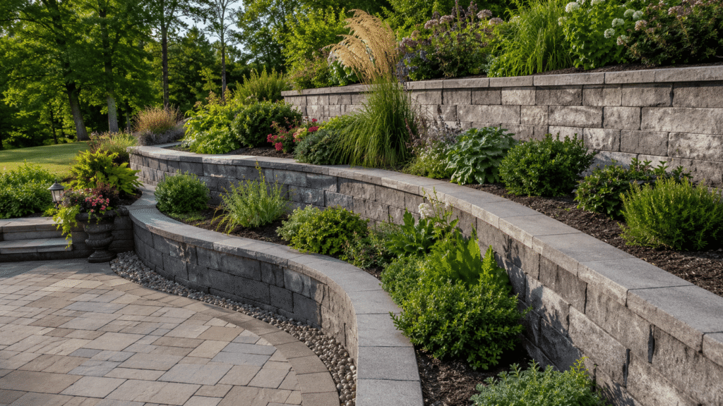 Layered curved retaining wall design with gray stone blocks, mixed plantings, and a herringbone paver patio 