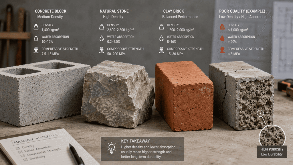 Comparing masonry materials for gravity retaining walls including concrete block, natural stone, clay brick, and poor-quality block. 