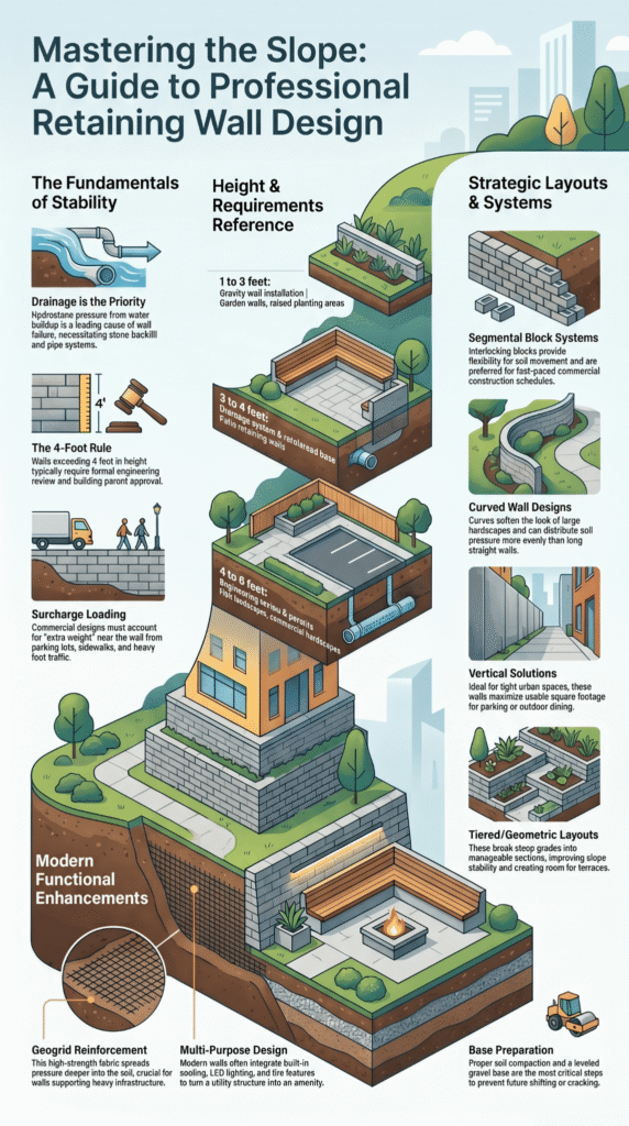 Infographic guide to Retaining Wall Design covering stability fundamentals, height requirements, strategic layouts, and modern enhancements. 