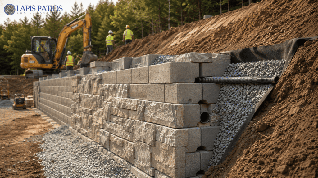 Workers installing materials for gravity retaining walls with gravel drainage and segmental concrete blocks on a hillside. 