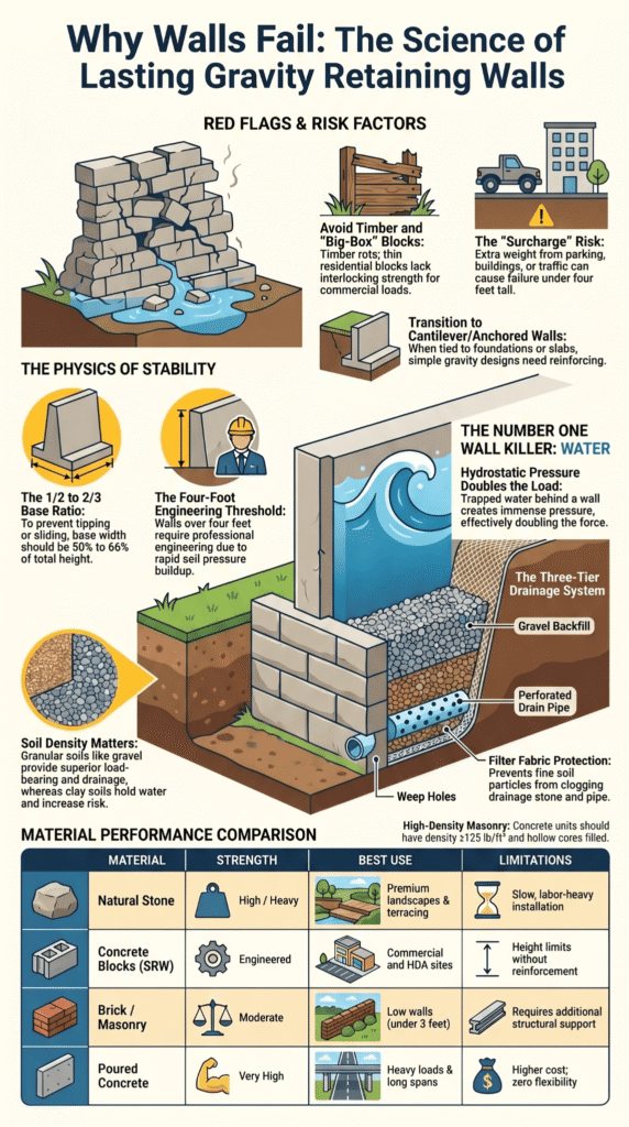 Infographic explaining why walls fail and how choosing the right materials for gravity retaining walls ensures long-term durability. 