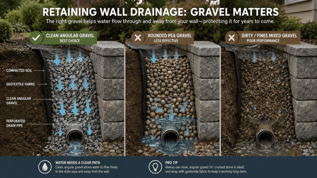 Gravel for retaining wall drainage types compared, showing clean angular gravel as the best choice