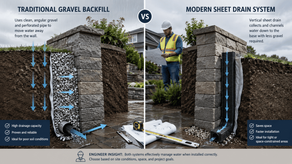 Gravel for retaining wall drainage compared side by side with a modern sheet drain system installation