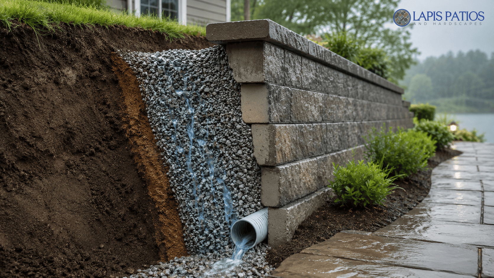 Gravel for retaining wall drainage flowing through crushed stone into a perforated pipe behind a block wall 