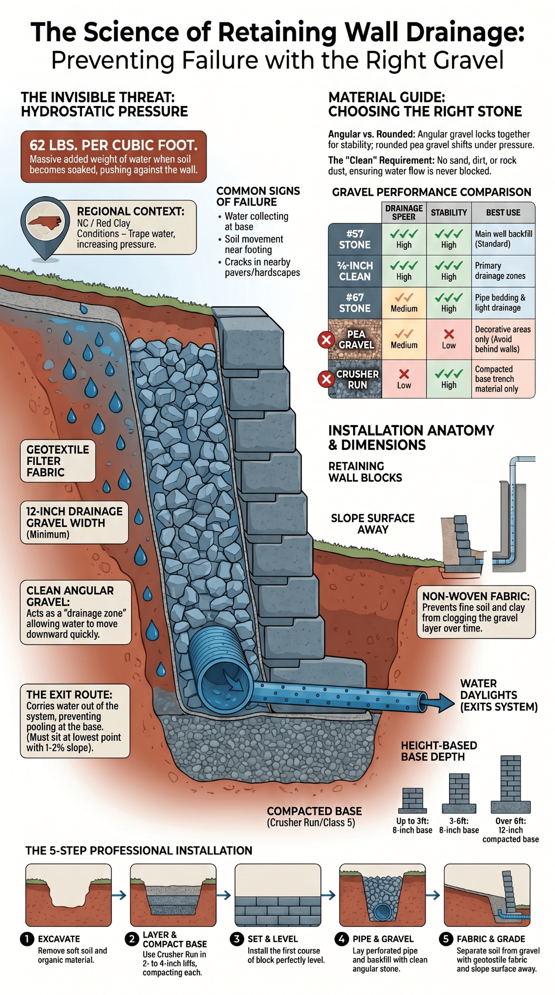 Cross-section diagram showing gravel for retaining wall drainage with pipe, geotextile fabric, and installation steps.