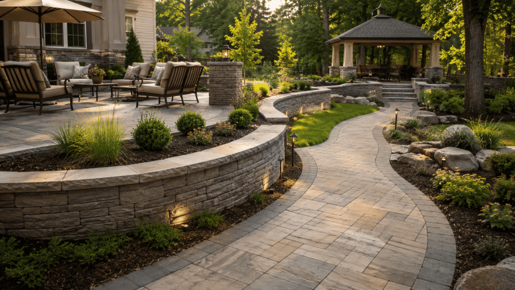 Curved retaining wall design bordering a winding paver pathway with landscape lighting and a backyard gazebo 