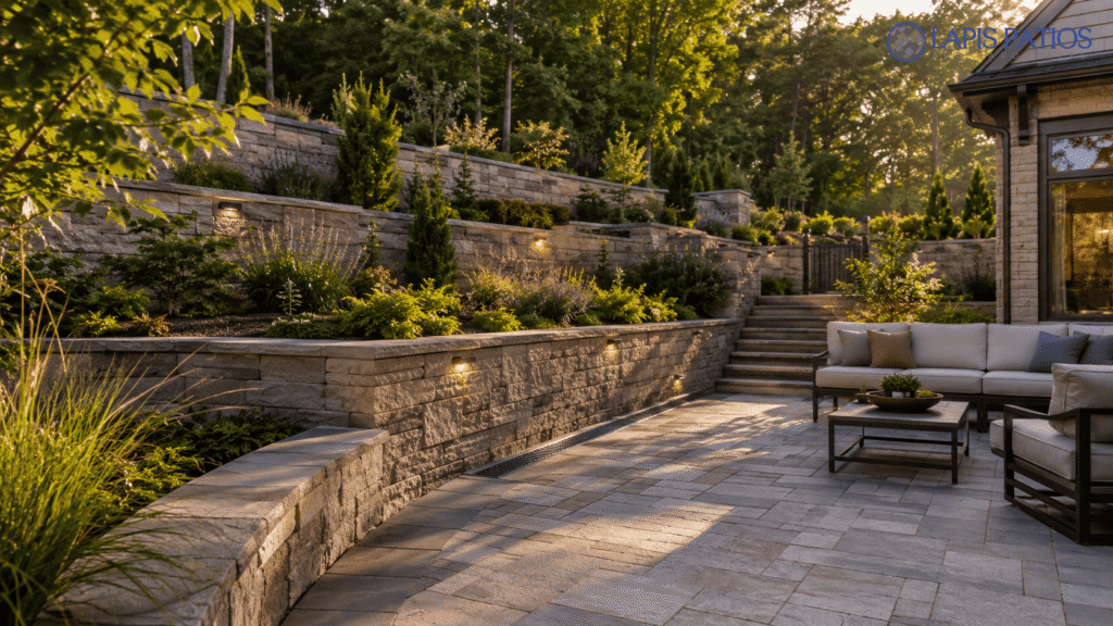 Tiered retaining wall design with stone blocks, built-in lighting, lush greenery, and a paver patio seating area 